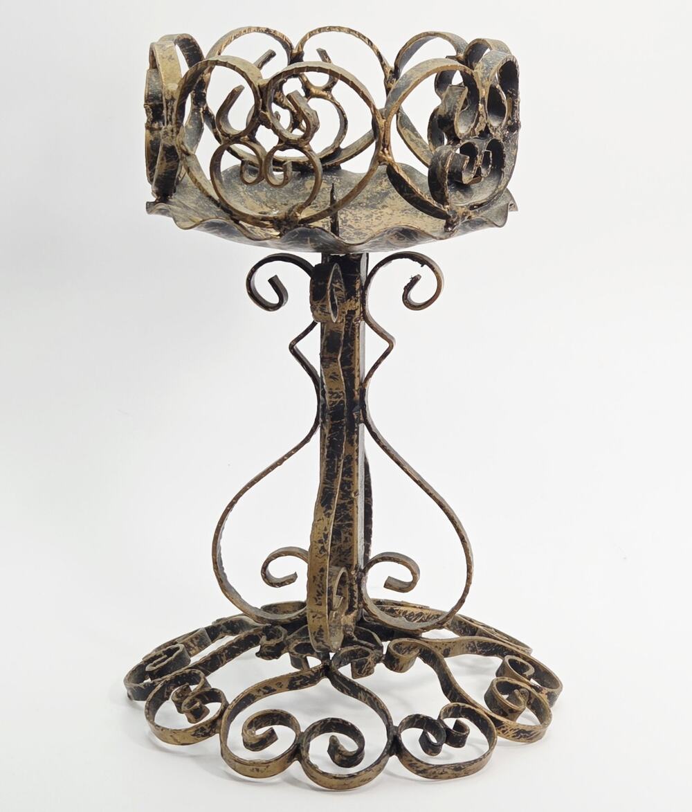 Vintage Metal Scrollwork Gothic Pillar Candle Holder 7.75" Retro 70s Decor
